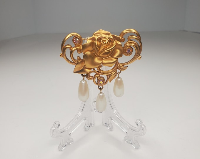 Vintage Avon Brushed Gold-Tone Rose Brooch with Pink AB Rhinestones and Faux Pearl Dangles D-6-21