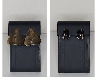 Vintage Gold Tone Textured Triangle Earrings and Crown Trifari Signed Gold Tone and Black Enamel Oval Clip-On Earrings C-8-2