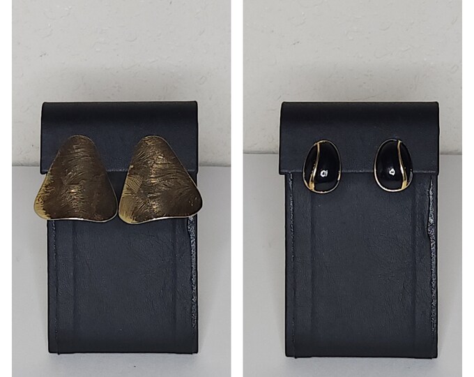 Vintage Gold Tone Textured Triangle Earrings and Crown Trifari Signed Gold Tone and Black Enamel Oval Clip-On Earrings C-8-2