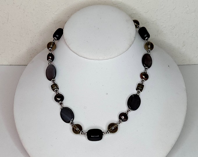 Vintage Glass, Real Pearl and Shell Beaded Necklace in Silver Tone D-4-36