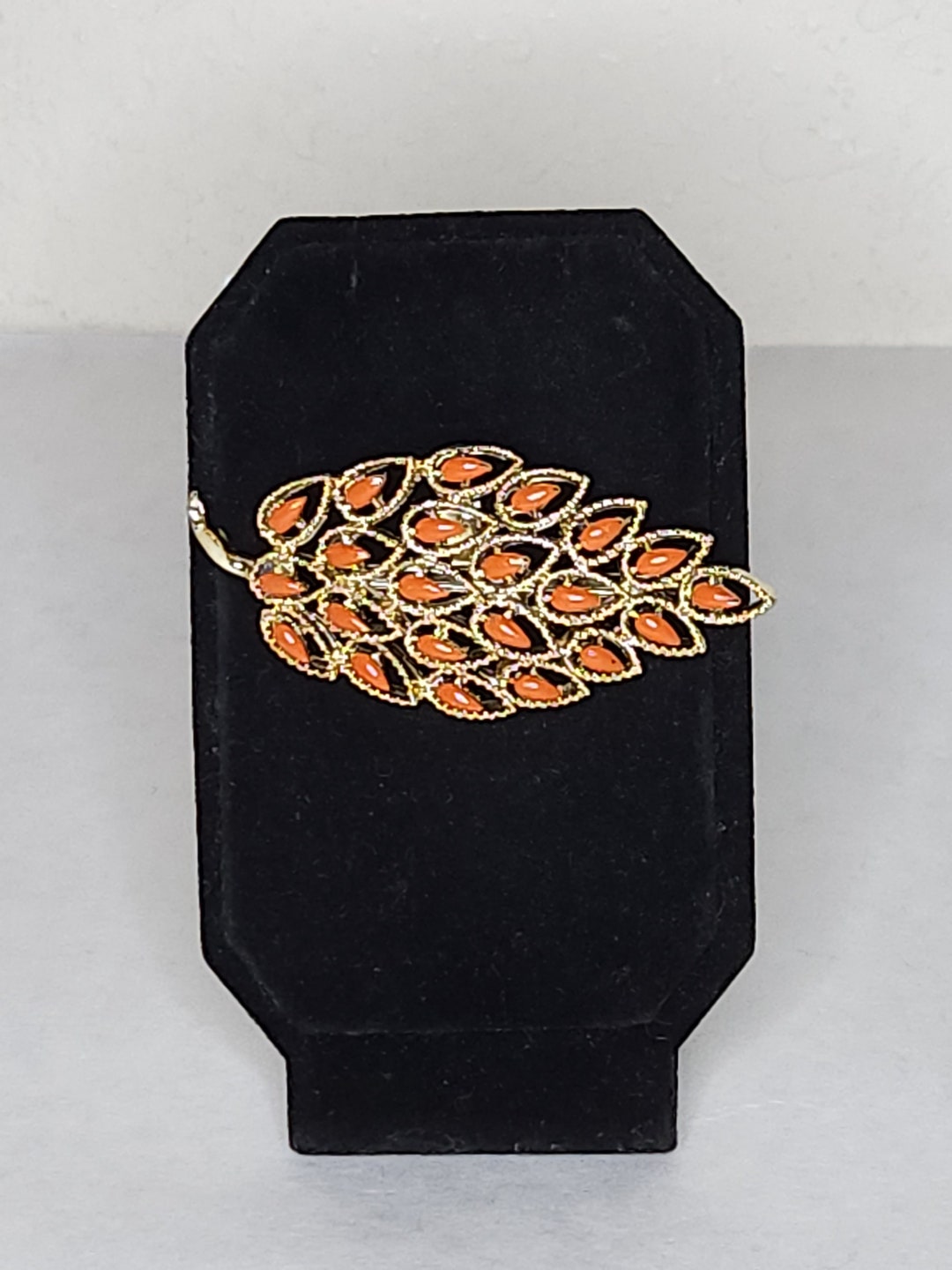 Vintage Gerry's Signed Gold Tone Openwork Leaf Brooch Pin With Orange ...