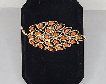 Vintage Gerry's Signed Gold Tone Openwork Leaf Brooch Pin with Orange Enamel B-8-73