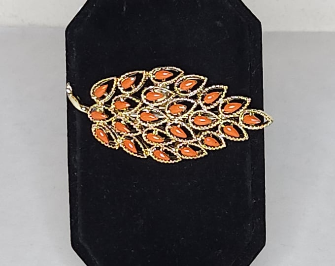 Vintage Gerry's Signed Gold Tone Openwork Leaf Brooch Pin with Orange Enamel B-8-73
