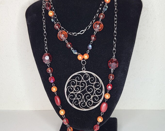 Vintage Gunmetal Tone and Autumn Colors Three Strand Chain and Beaded Necklace with Swirl Circle Pendant D-4-57