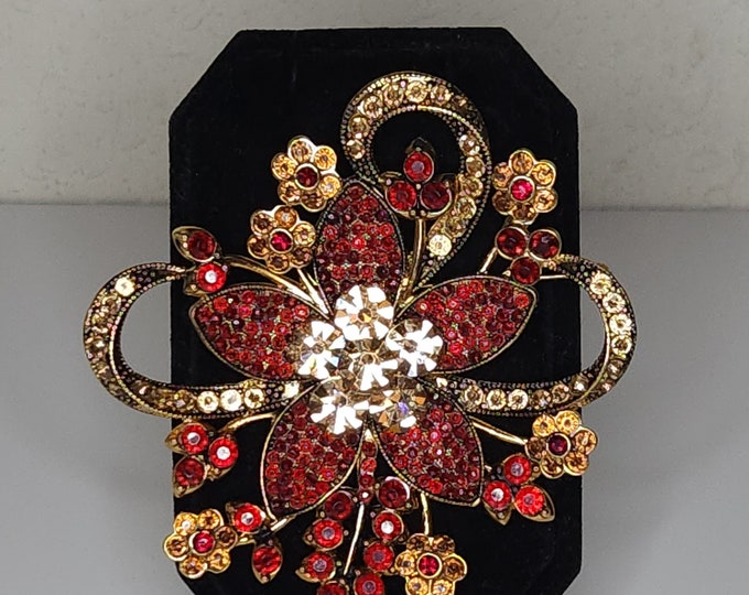Vintage Avon Signed 35 Year Anniversary Gold Tone Floral Brooch Pin with Red and Orange Rhinestones B-9-67