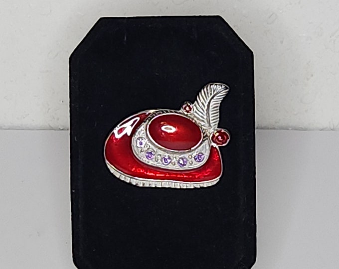 Vintage Red Enamel Hat Brooch Pin with Purple Rhinestones and Feather C-8-43
