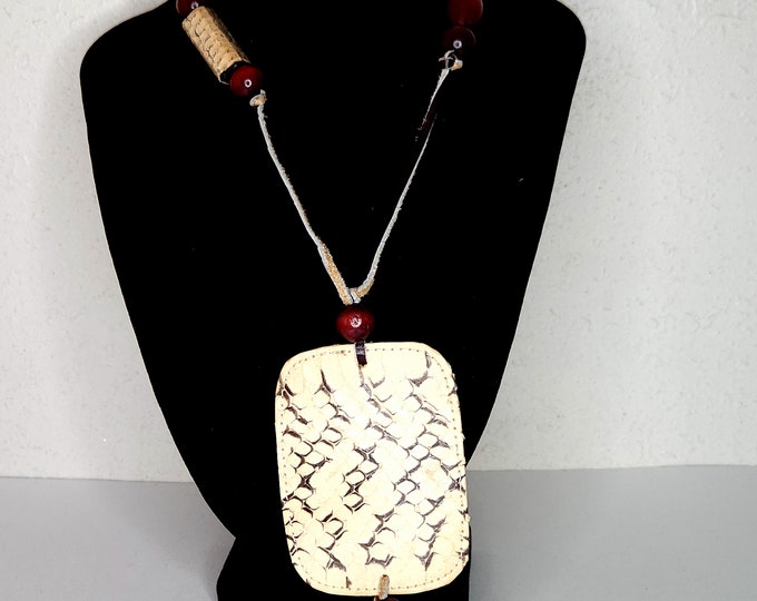 Vintage 1970's Wood Bead, Faux Snakeskin and Real Leather Long Necklace D-3-58