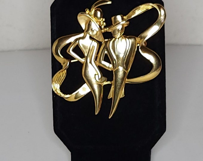 Vintage JJ Signed Gold Tone Dressed Up Woman And Man Brooch Pin C-6-91