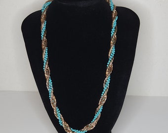 Vintage Gold Tone and Turquoise Color Beaded Chain Twisted Necklace A-8-34