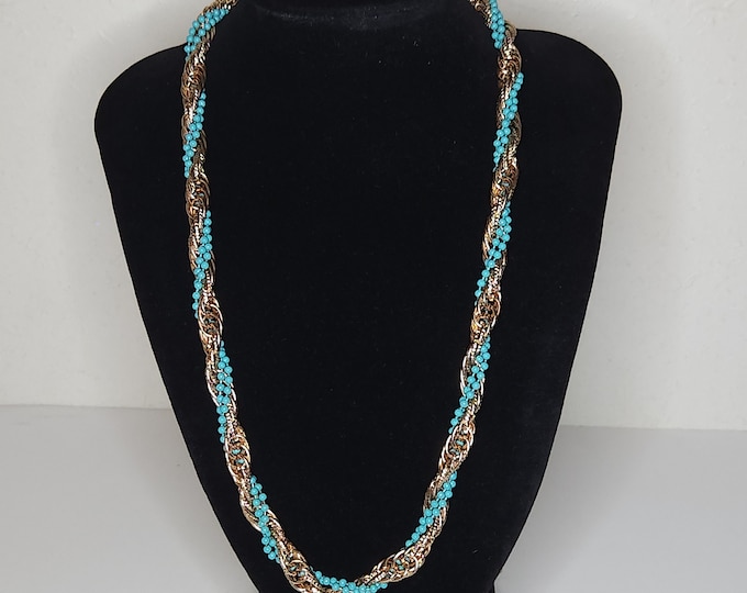 Vintage Gold Tone and Turquoise Color Beaded Chain Twisted Necklace A-8-34