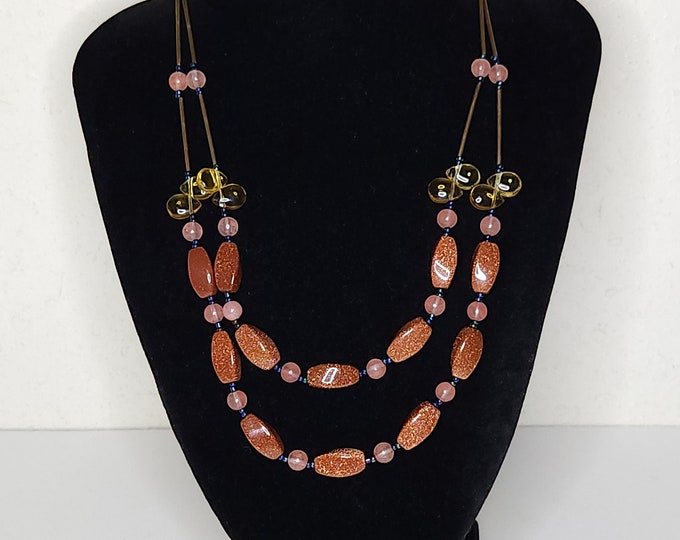 Vintage Copper Tone Glitter Plastic Beaded Two Strand Necklace with Yellow and Pink Translucent Beads and Copper Tone Rod Beads B-5-79