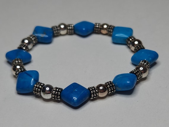 Vintage Silver Tone and Blue Faux Stone Beaded St… - image 5