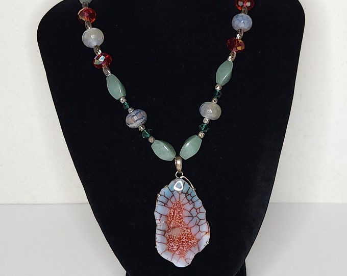 Vintage Dyed Agate Stone, Glass, Jade and 925 Sterling Marked Beads and Findings Necklace B-5-71