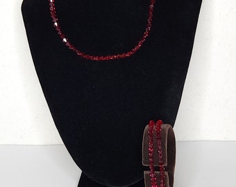 Vintage Sterling 925 Marked Red Crystal Faceted Beaded Necklace and Two Bracelets Set C-9-68