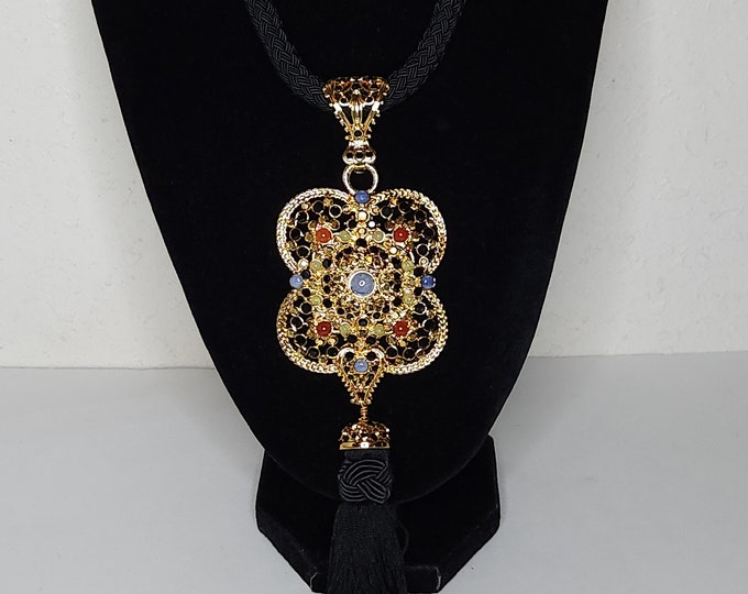 Vintage Larisa Barrera (LCB) Signed Gold Tone and Faux Gem Detachable Pendant with Tassel on Black Cord Braided Necklace in Bag C-6-41