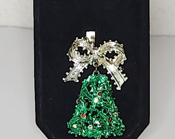 Vintage Tancer Signed Gold Tone and Green Enamel Christmas Tree and Bow Brooch Pin with Red Bead Dangle C-5-56