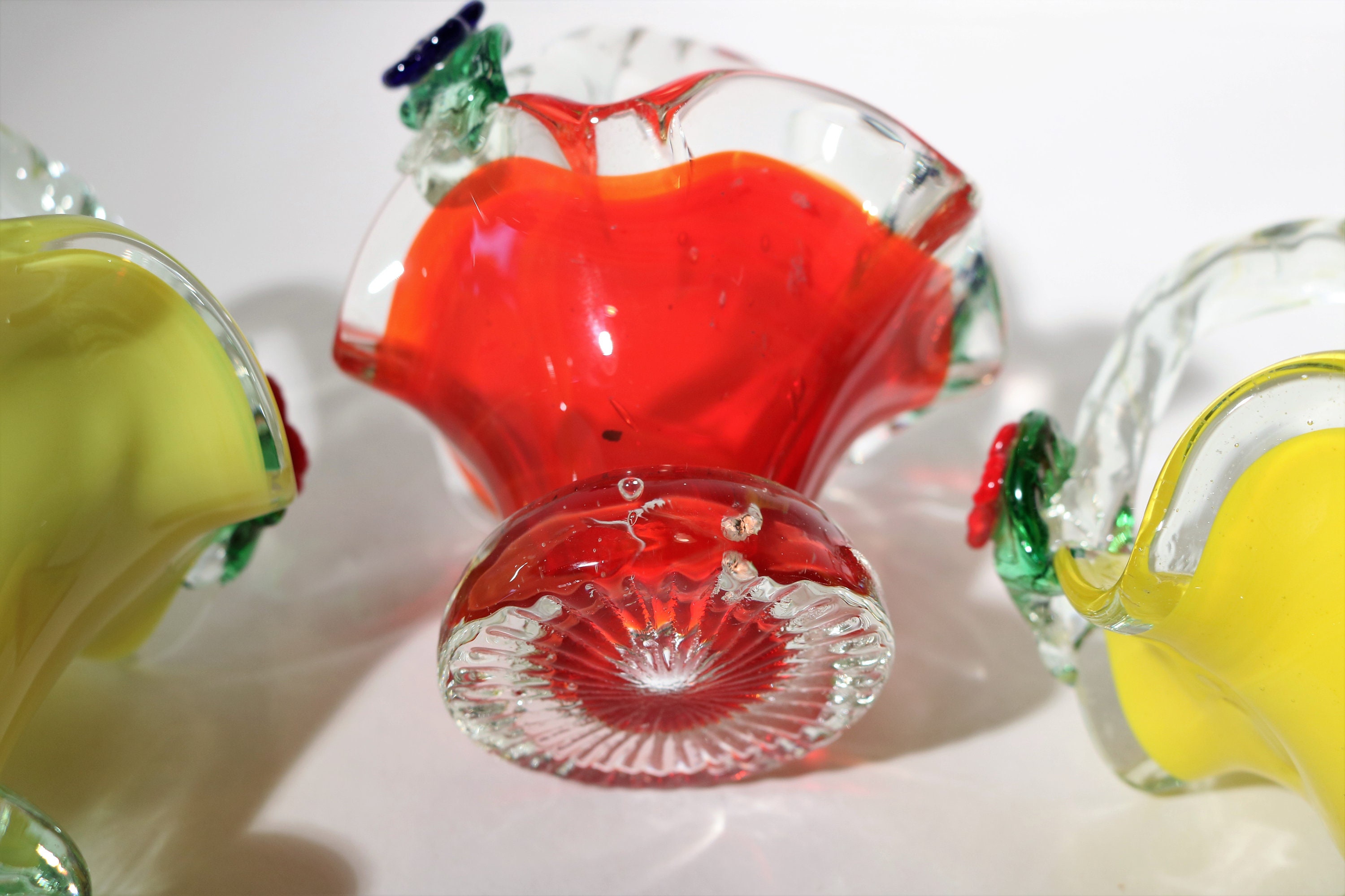Vintage Murano Mini Glass Baskets with Applied Flowers Set of 4