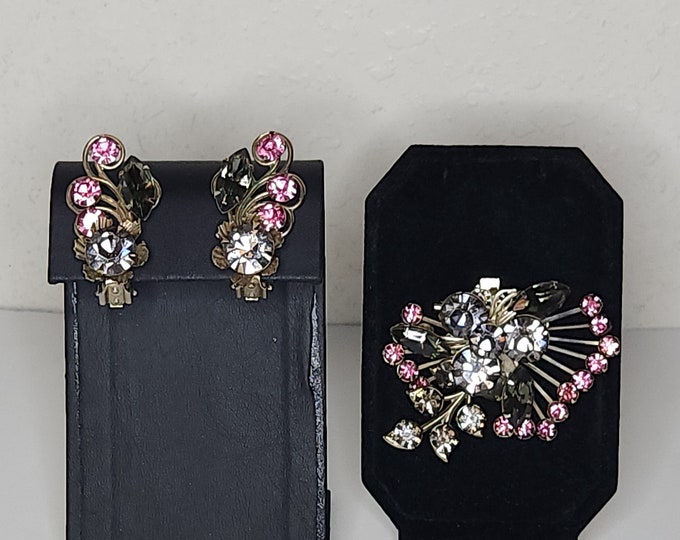 Vintage Silver Tone with Pink and Gray Rhinestones Rivet Brooch and Clip-On Earrings Set C-3-10