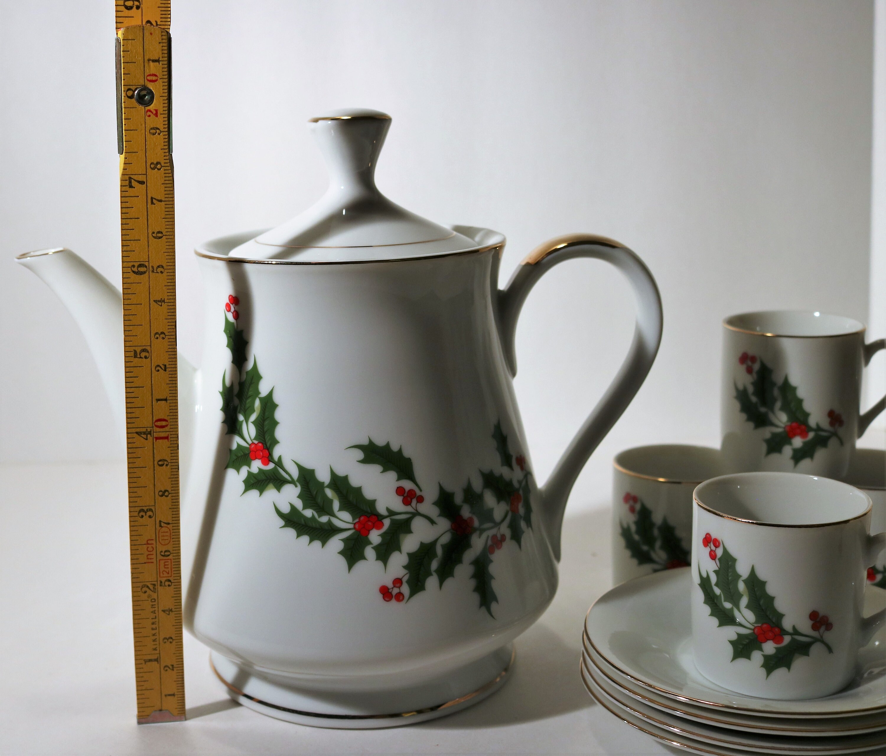 Vintage Mogi Porcelain Christmas Holly Teapot and Demitasse Cup Set