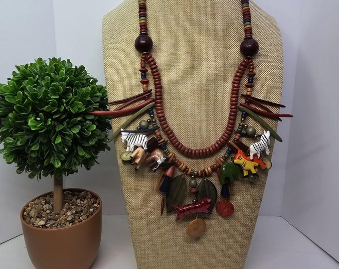 Boho Wood Bead, Carved Animals, and Fringe 24" Necklace LIN1