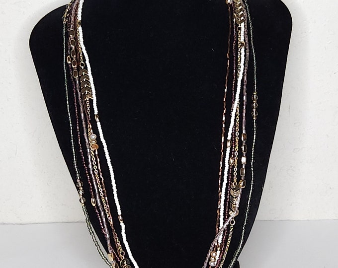 Vintage Six Strand Beaded Necklace in Gold Tone, Brown, White and Green C-5-19