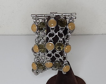 Vintage Banana Republic Signed Silver Tone Interlocking Yellow Cabochons and Olive Rhinestones Bracelet D-2-34