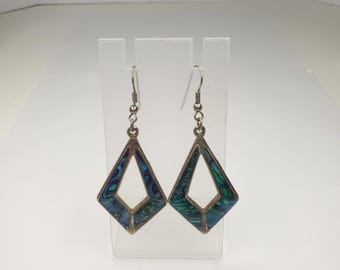 Vintage Sliver-Tone Abalone/Paua Shell Geometric Earrings D-6-65