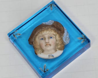 Vintage Bisque Doll Head Blue Turquoise Glass Paperweight