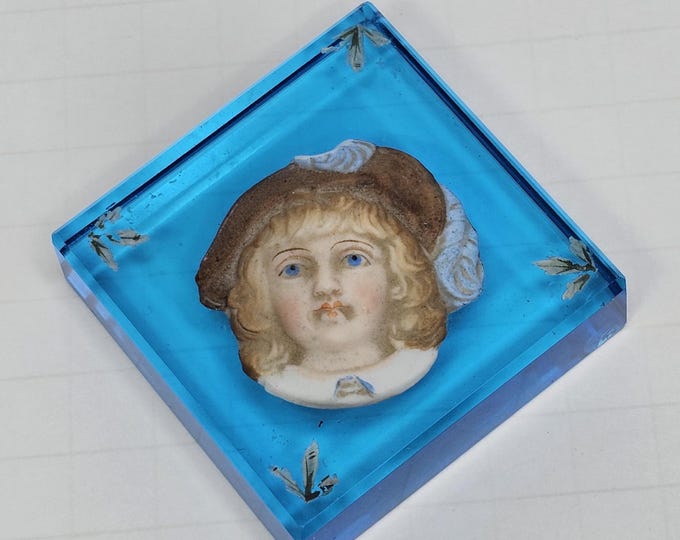 Vintage Bisque Doll Head Blue Turquoise Glass Paperweight