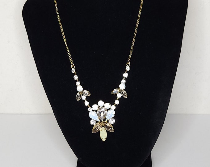 Vintage Gold Tone Statement Necklace with Clear, White Opalescent, Beige, and Pale Yellow-Green Rhinestones B-5-81