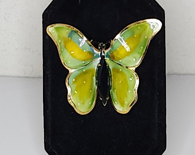 Vintage Original by Robert Signed Gold Tone Butterfly Brooch Pin with Green and Yellow Enamel and Black Navette Rhinestone C-2-74