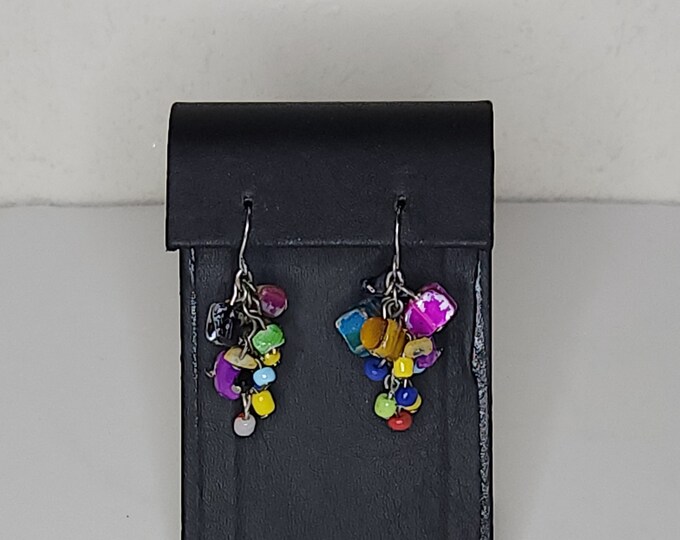 Vintage Multicolor Dyed Shell and Seed Bead Cha Cha Dangle Earrings C-9-94