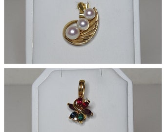 Vintage Set of Two Gold Tone Pendants Faux Pearl Multicolor Rhinestone A-7-49-JM