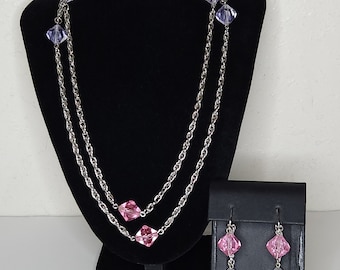 Vintage Sarah Coventry Signed Silver Tone with Pink and Purple Plastic Beads Necklace and Clip-On Earrings Set C-9-64