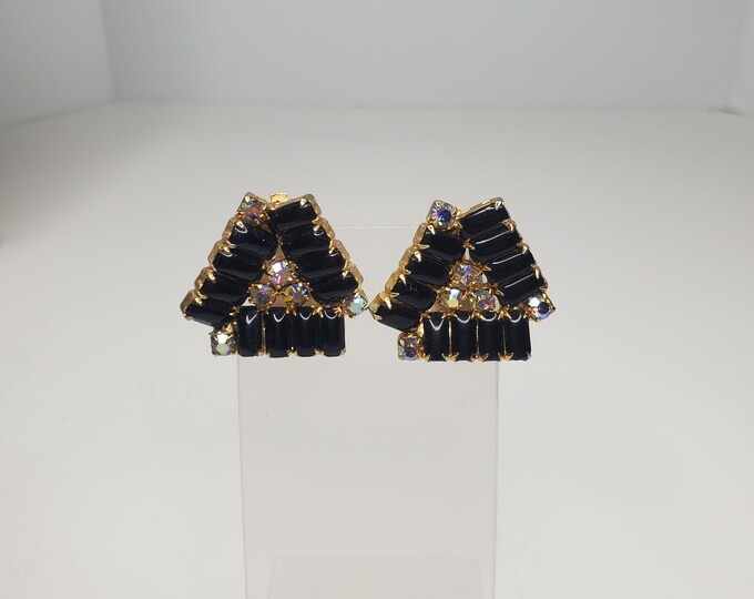 Vintage Black Milk Glass and Aurora Borealis AB Rhinestone Gold-Tone Clip-On Earrings D-6-14