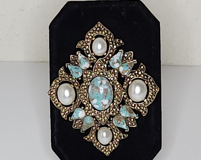 Vintage Sarah Coventry Signed Gold Tone, Faux Turquoise and Faux Pearl Diamond-Shaped Brooch Pin C-8-62