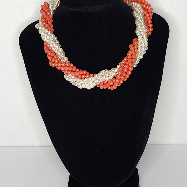 Vintage Faux Coral and Faux Pearl Torsade Beaded Necklace B-9-78