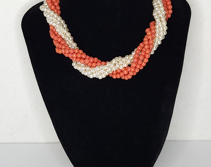 Vintage Faux Coral and Faux Pearl Torsade Beaded Necklace B-9-78