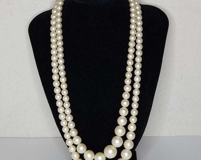 Vintage Japan Marked Two Strand Graduated Faux Pearl Beaded Necklace C-8-23