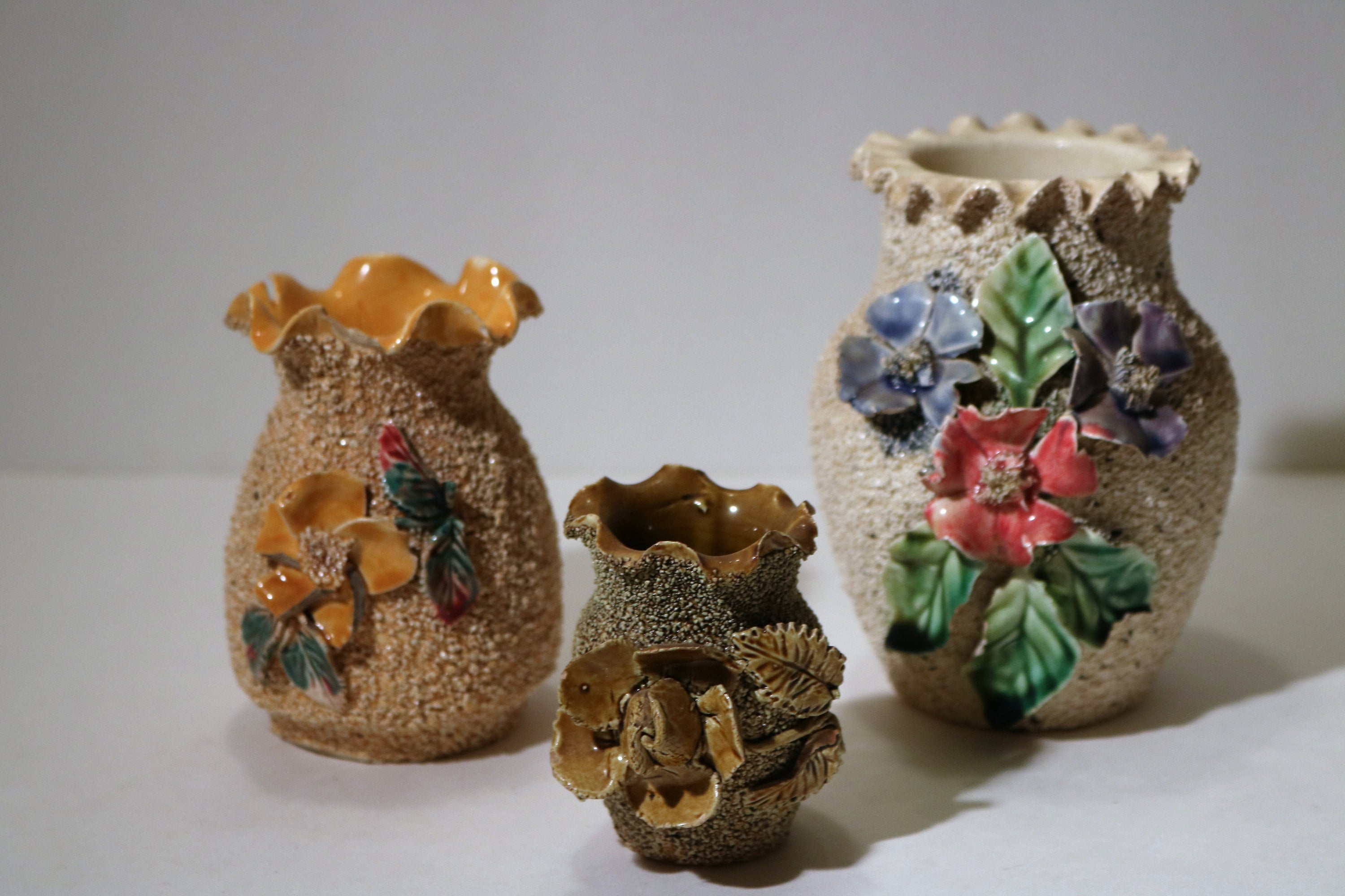 18501900's Sand Majolica Barbotinestyle Flowers Set of 3 Ruffle Vases Rare and Pretty!