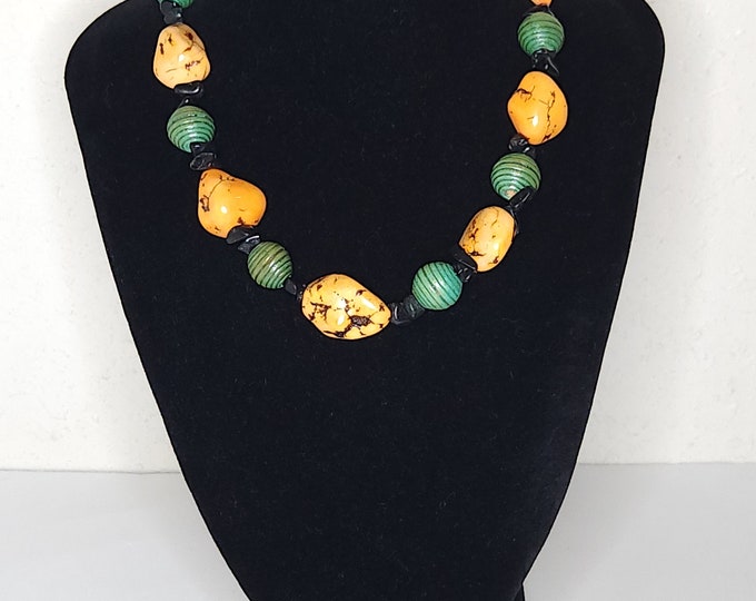 Vintage Dyed Stone and Ceramic Bead Necklace in Orange, Green and Black C-5-71