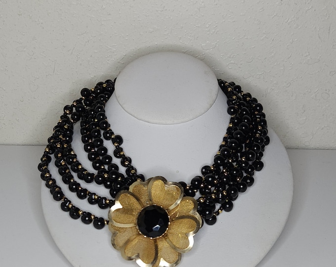 Vintage Multistrand Black and Gold Tone Beaded Necklace with Gold Tone Flower Brooch D-1-85
