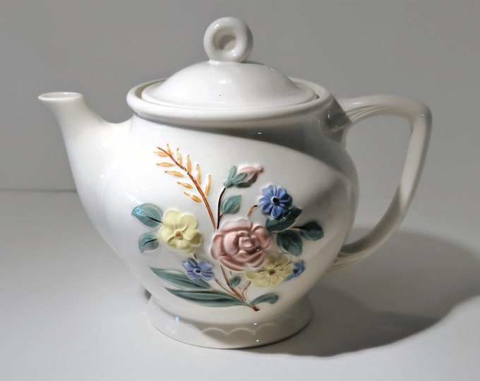 ca. 1930-40's PORCELIER Vitreous China Made in the USA Raised Flowers Teapot