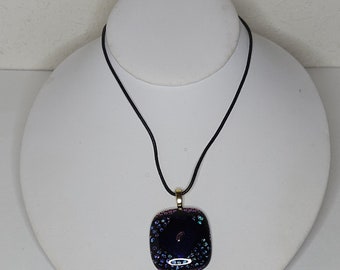 Vintage Dichroic Glass Square Pendant on Black Cord Necklace C-6-70