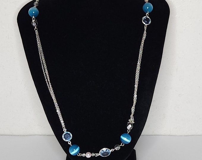 Vintage Silver Tone Three Strand Chains with Stationed Blue Glass Beads Long Necklace C-9-18