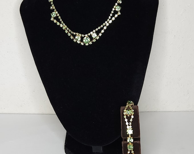 Vintage Gold Tone and Green Rhinestone Necklace and Bracelet Set - Uranium Glass in Necklace C-6-66