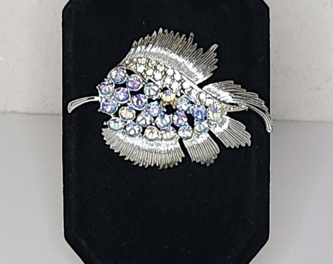 Vintage Coro Signed Silver Tone Leaf Brooch Pin with Blue AB Rhinestones and Clear Rhinestones C-3-46