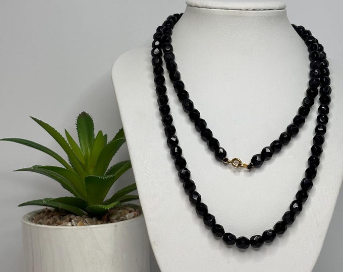Old Faceted Black Glass Bead 30” Necklace D-8-79