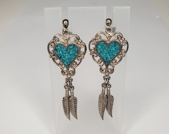 Costume Crushed Stone Heart Dream Catcher South-Western Style Sliver-Tone Post Back Earrings D-6-59
