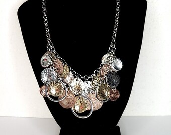 Vintage Silver Tone Rolo Chain Necklace with Silver Tone, Gold Tone and Copper Tone Coin / Disc Dangles D-3-91